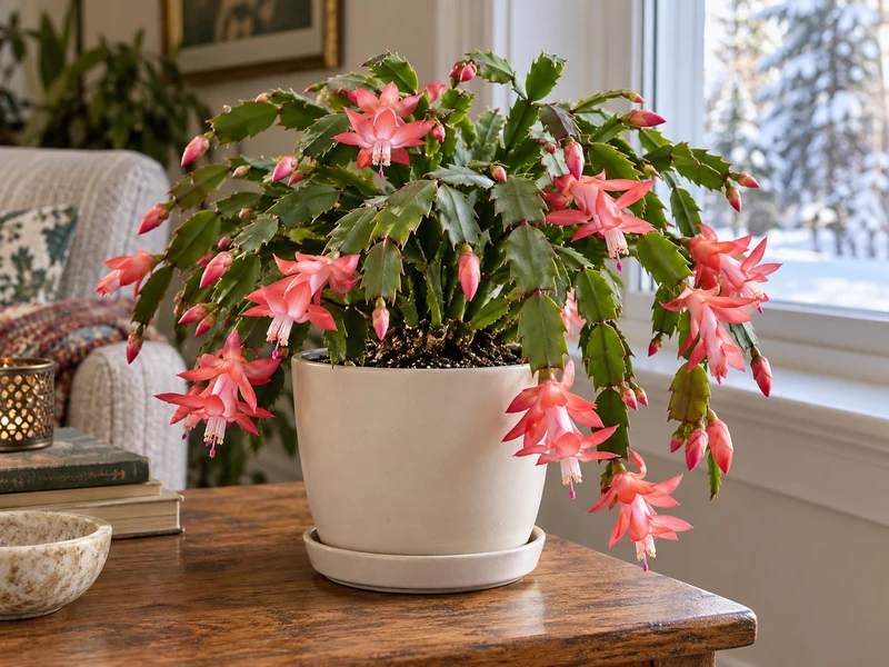 Healthy flowering Christmas cactus in bright indirect winter light