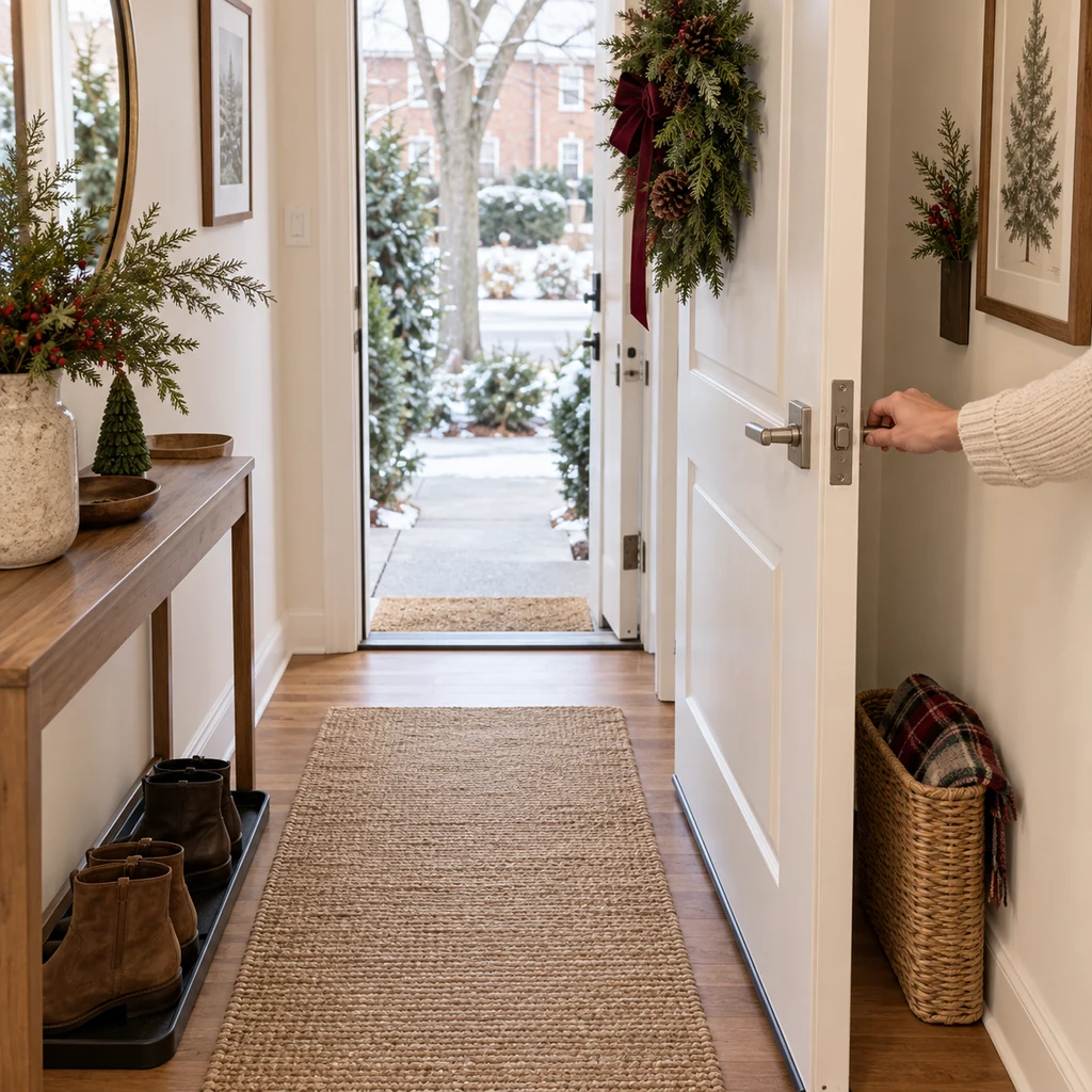 Checking door handle clearance and the walking path in a Christmas entryway