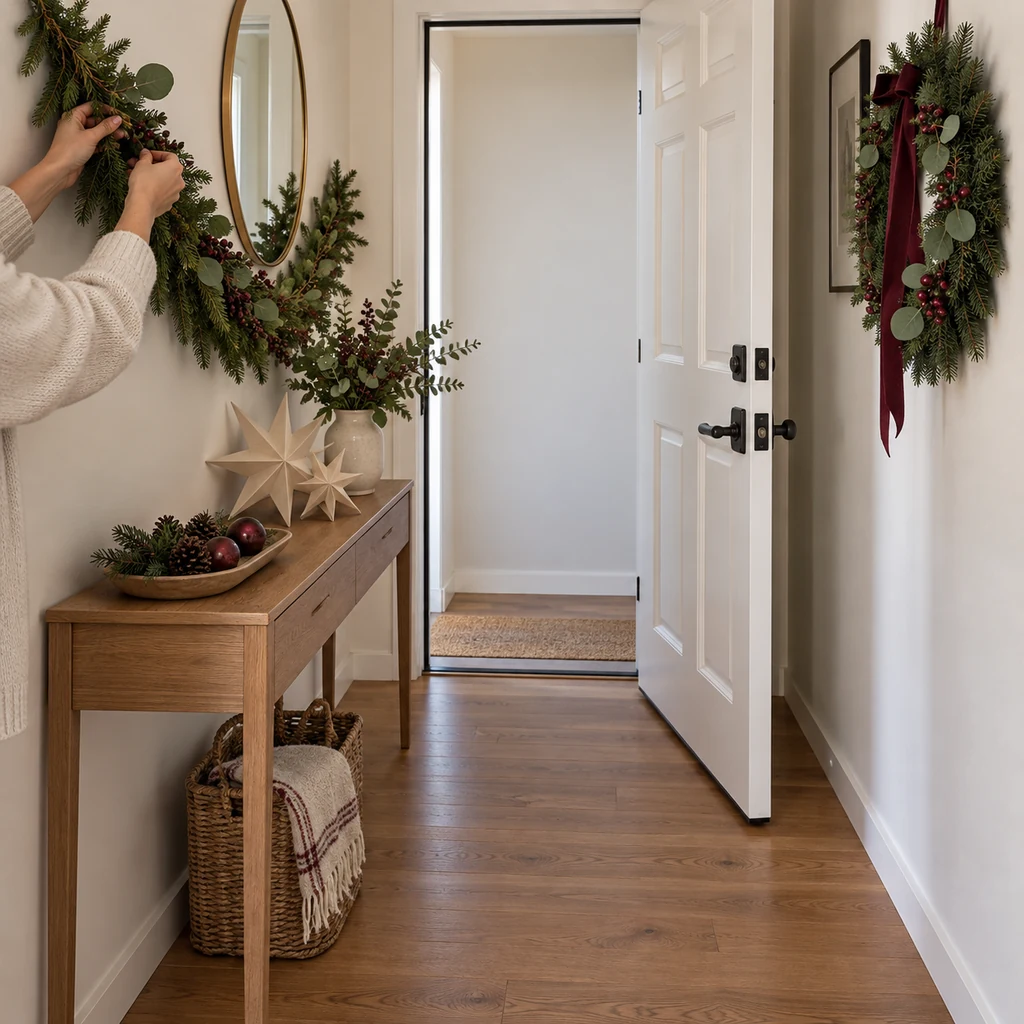 Three-zone Christmas decorating plan for a narrow entryway