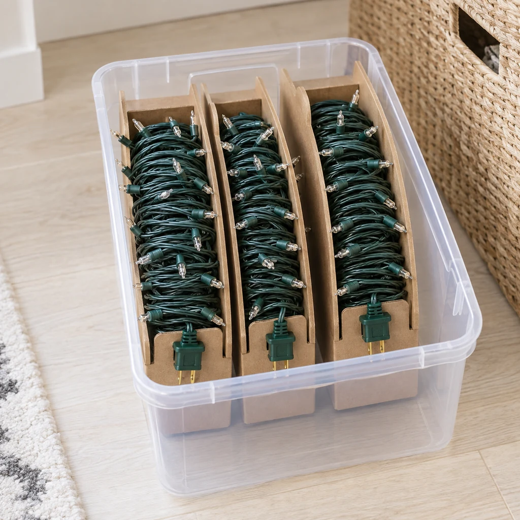 Three unplugged Christmas light strands wound on separate cardboard reels