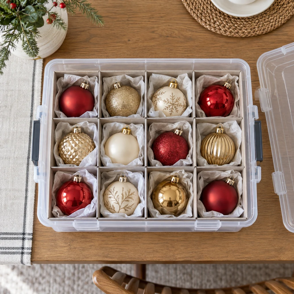 Twelve Christmas ornaments protected in individual cardboard divider cells