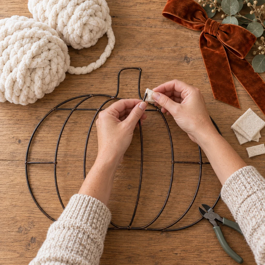 Hands covering a rough point on a pumpkin wire wreath form with a small felt pad