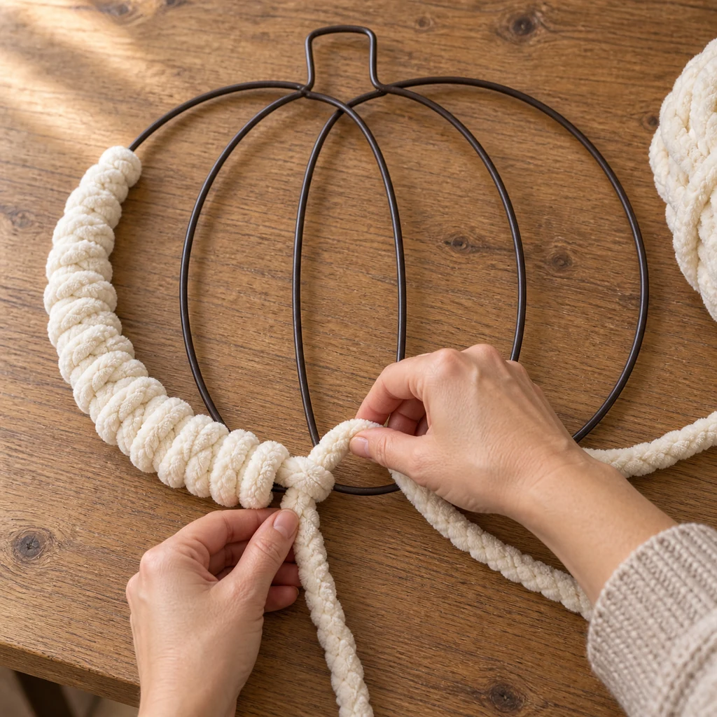 Hands beginning tight ivory chenille wraps around the outer wire of a pumpkin wreath form