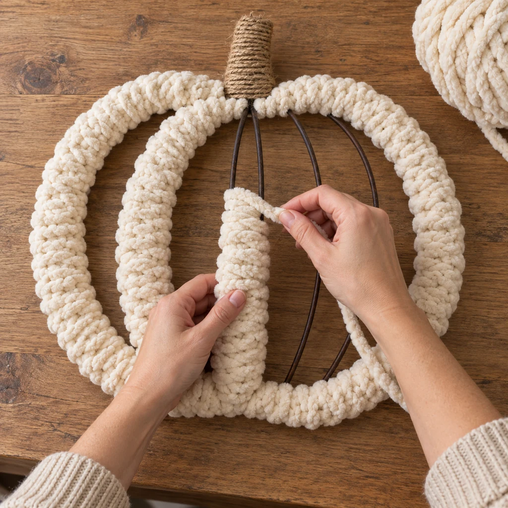 Hands wrapping one curved interior rib of a pumpkin wire wreath form with ivory chenille yarn