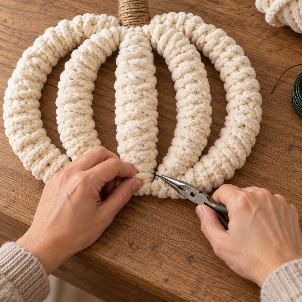 Hands twisting a small hidden floral-wire tie at the bottom junction of a wrapped pumpkin wreath