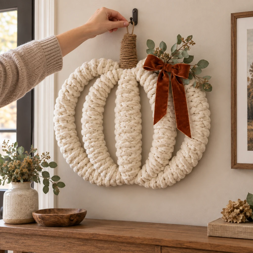 Finished ivory chunky-yarn pumpkin wreath being leveled on a wall hook