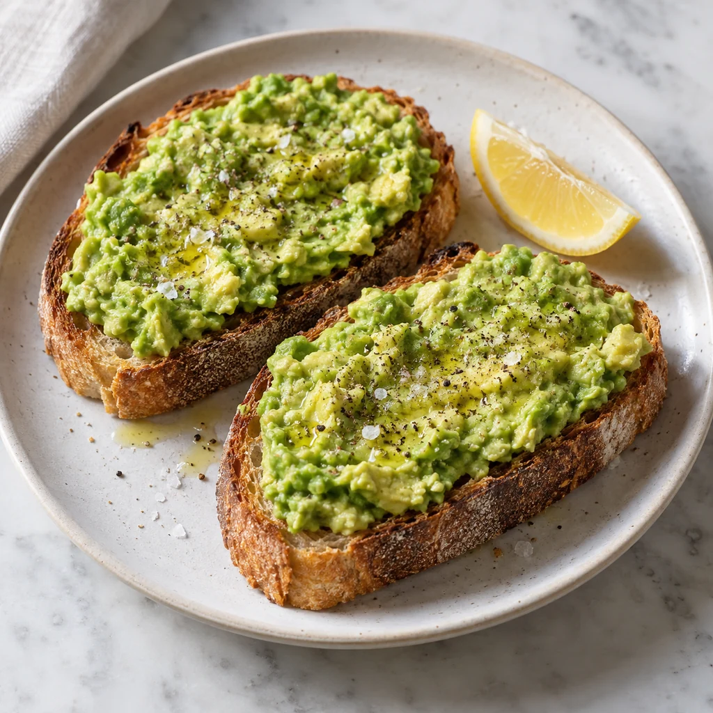 Classic avocado toast with chunky mashed avocado, olive oil, black pepper, and flaky salt