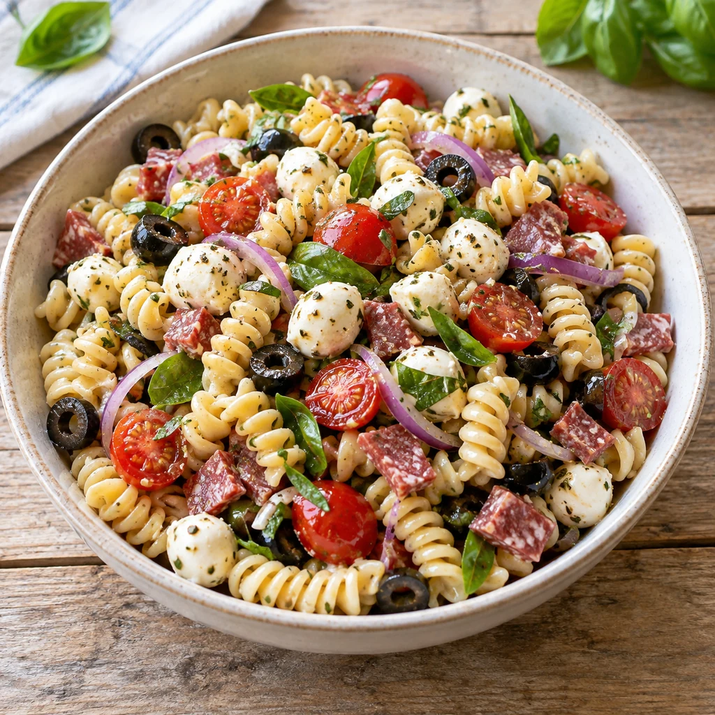 Classic Italian rotini pasta salad with tomatoes, mozzarella, olives, salami, onion, and basil.
