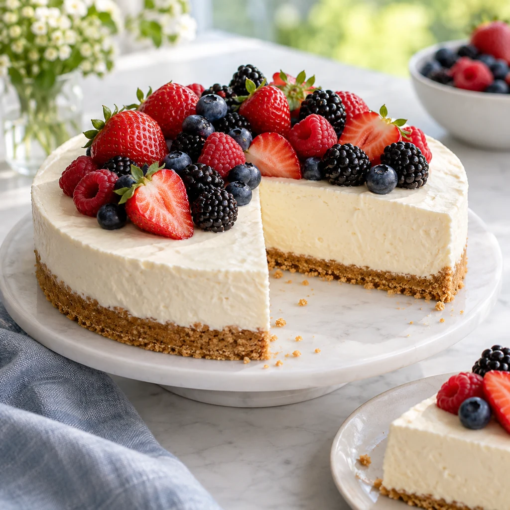 Classic no-bake cheesecake with berries and a crumb crust