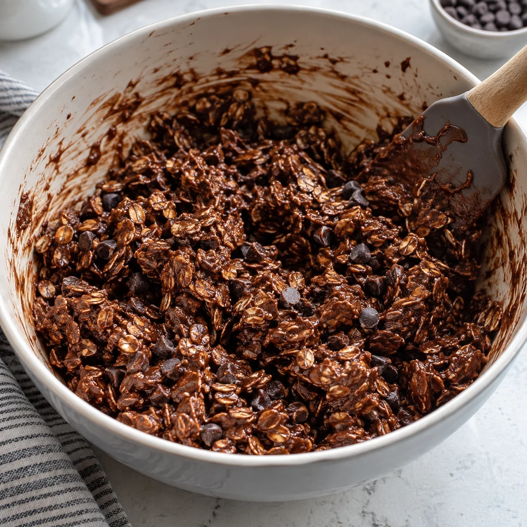Rolled oats and mini chocolate chips coated with thick chocolate peanut butter mixture