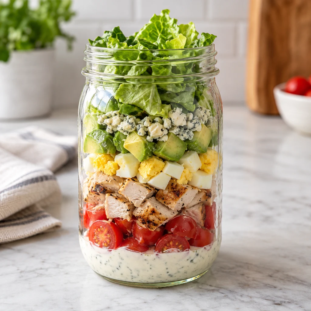 Cobb mason jar salad with chicken egg avocado blue cheese and romaine