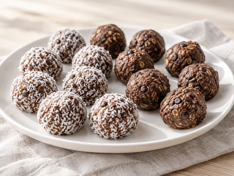 Coconut-coated and plain chocolate oat energy balls on a white plate