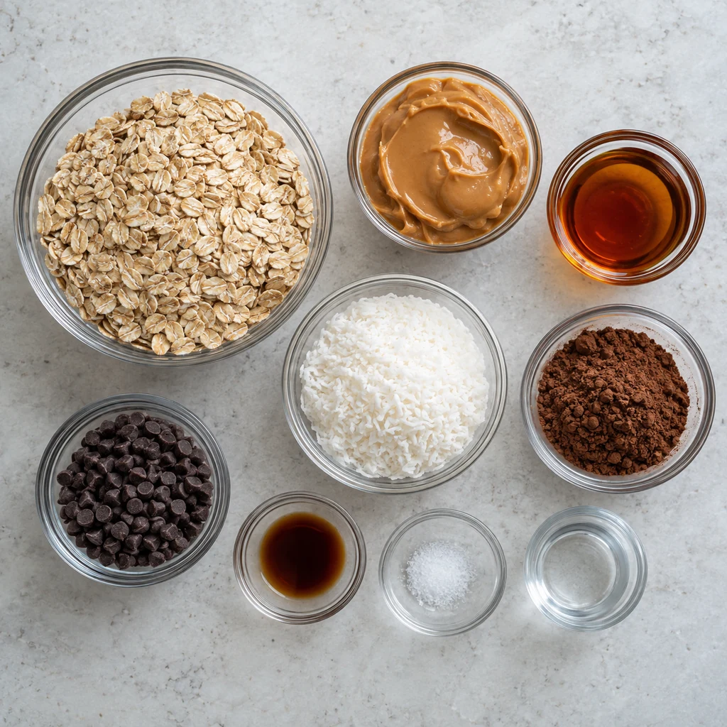 Rolled oats, peanut butter, maple syrup, coconut, cocoa, chocolate chips, vanilla, salt and water