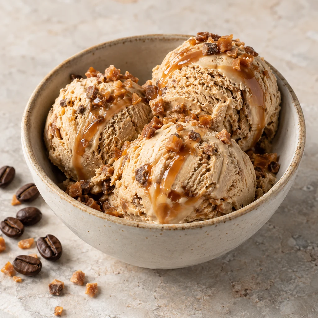 Homemade coffee caramel crunch no-churn ice cream
