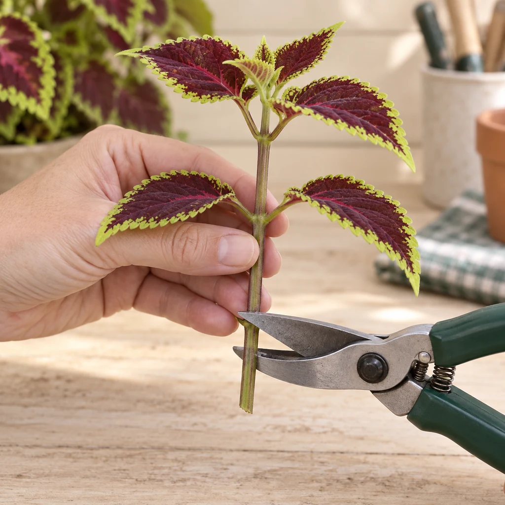 Clean pruning snips positioned below a leaf node on a healthy coleus stem