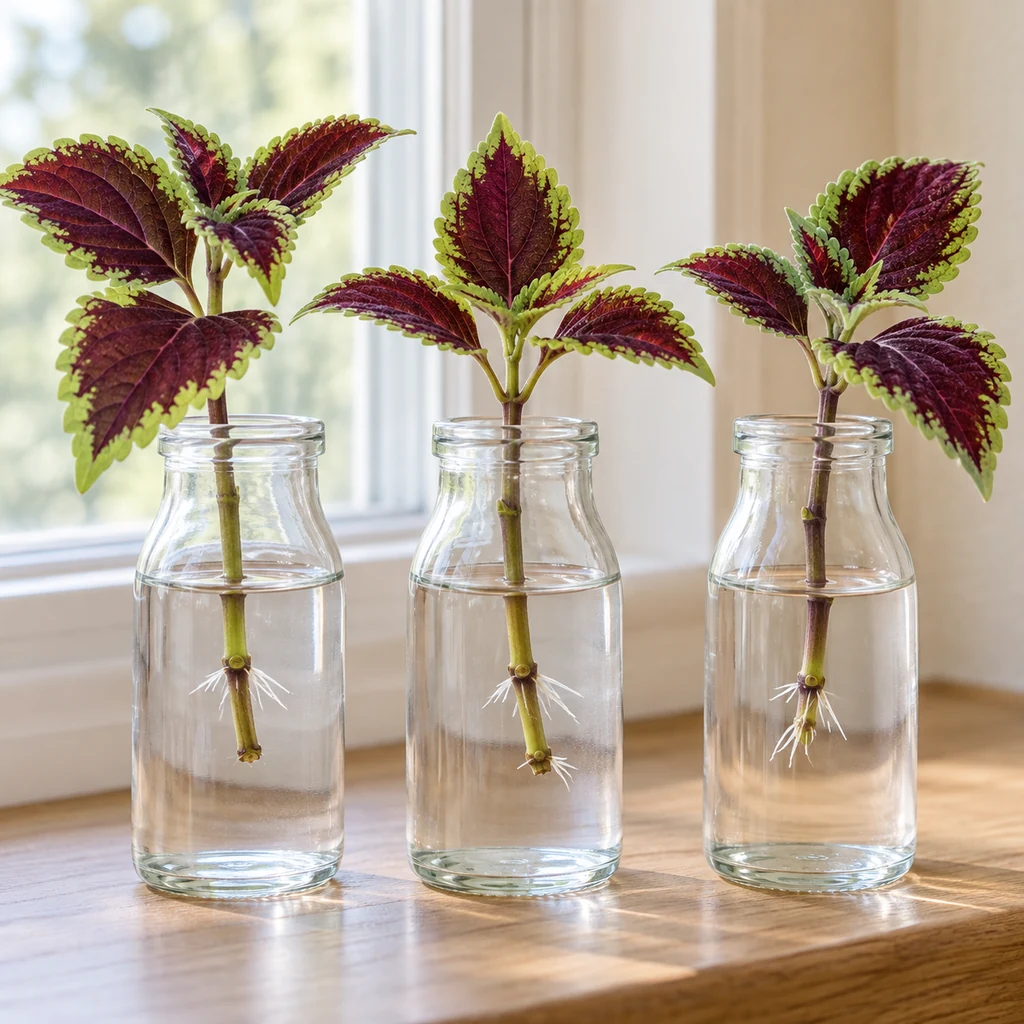 Three coleus cuttings rooting in separate jars with leaves above clean water
