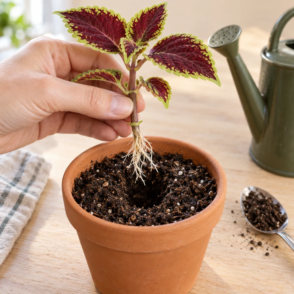 Water-rooted coleus cutting held above a deep planting hole in moist potting mix