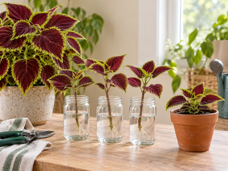 Coleus propagation from a healthy parent plant to water-rooted cuttings and a newly potted plant