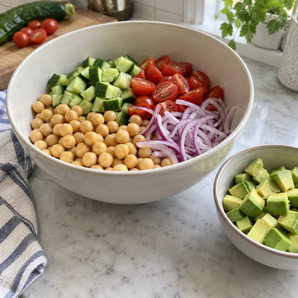 Chickpeas, cucumber, tomatoes and red onion in a mixing bowl with avocado still separate