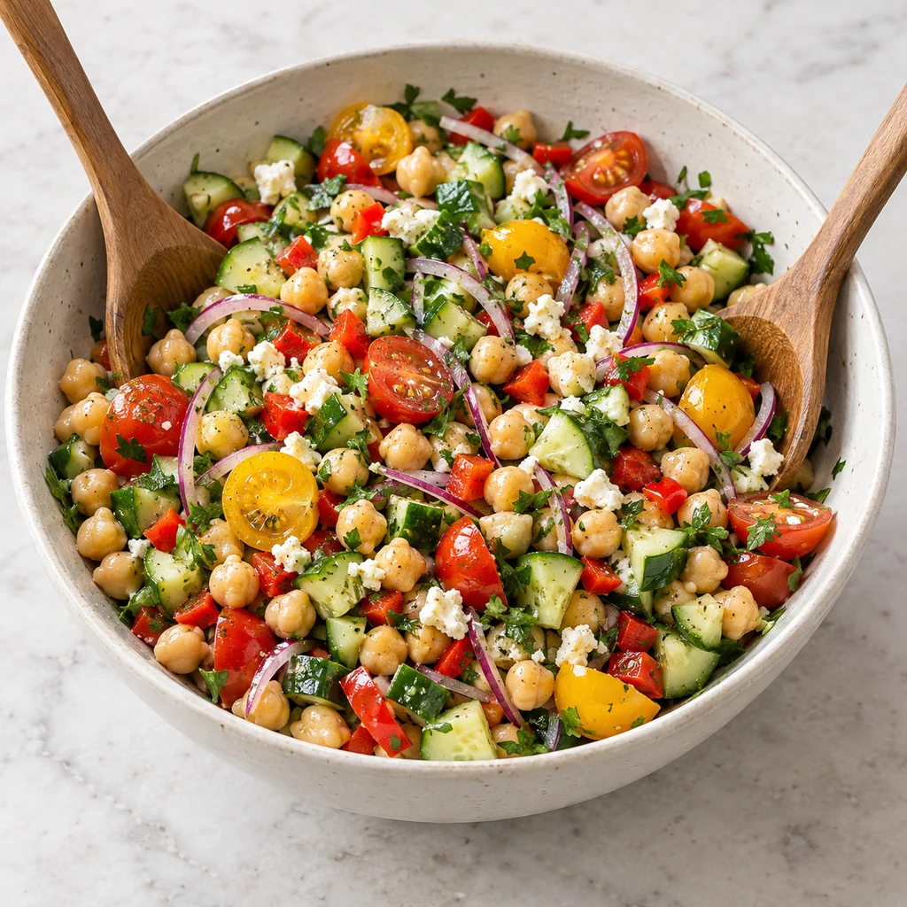 Chickpeas, tomatoes, cucumber, bell pepper, red onion, parsley, and feta combined with lemon dressing
