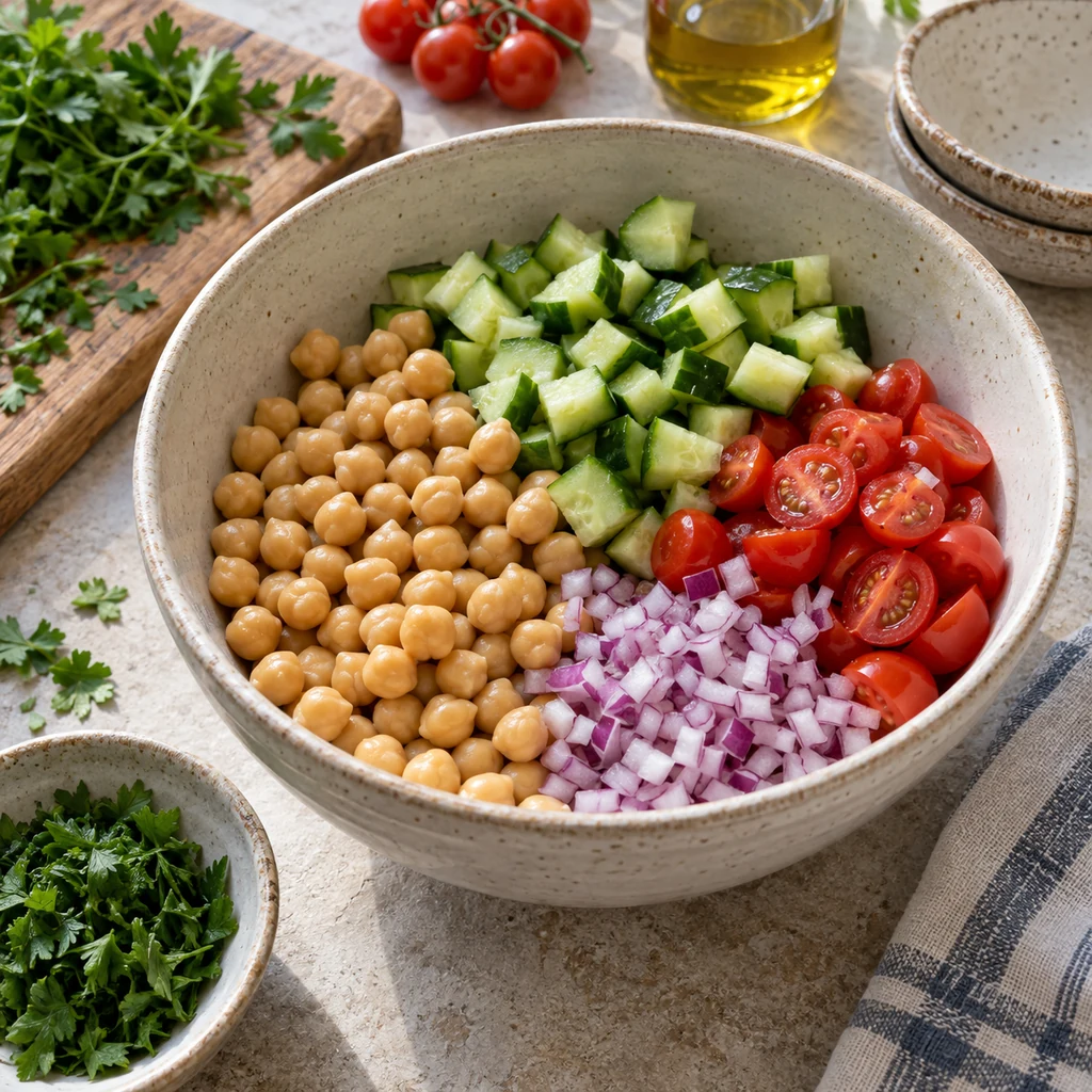 Rinsed chickpeas mixed with diced cucumber, cherry tomatoes, and red onion before dressing