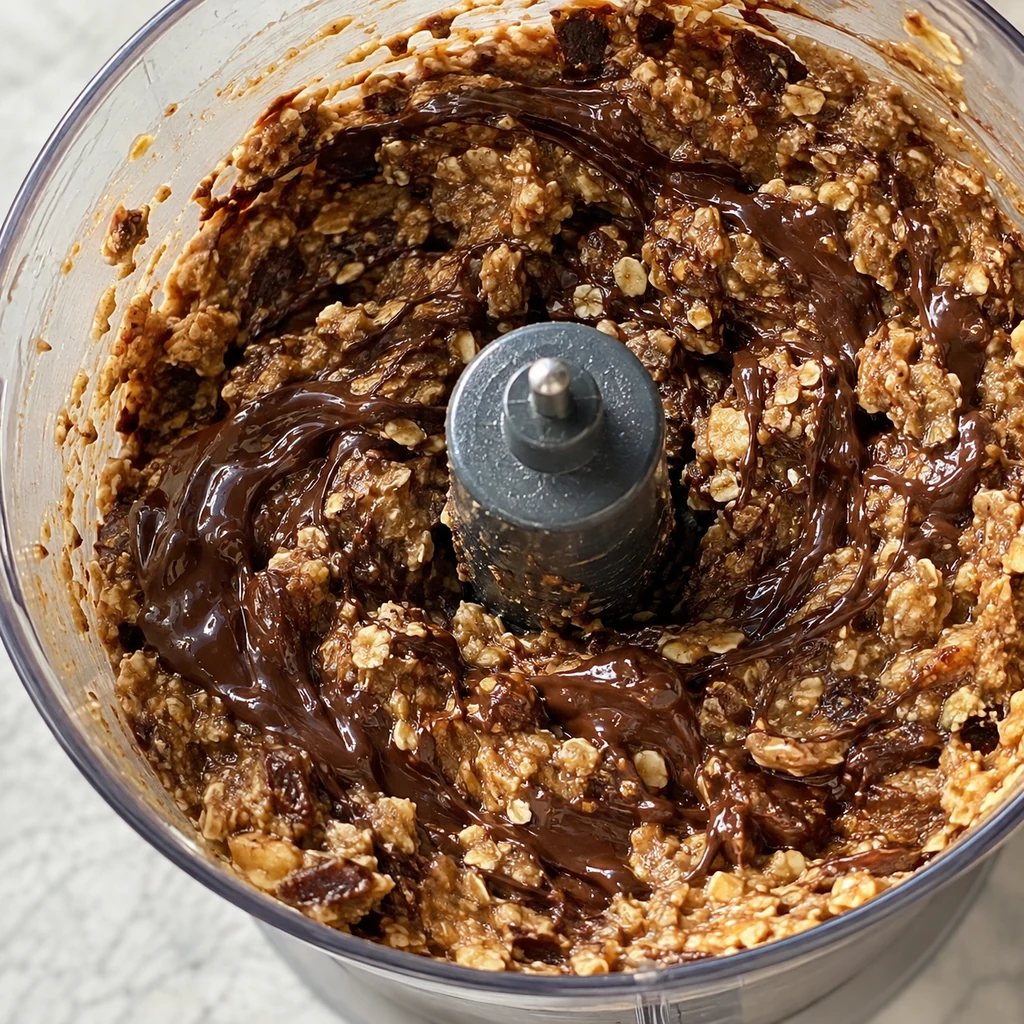 Melted dark chocolate swirling into a date, oat, and almond butter mixture in a stopped food processor
