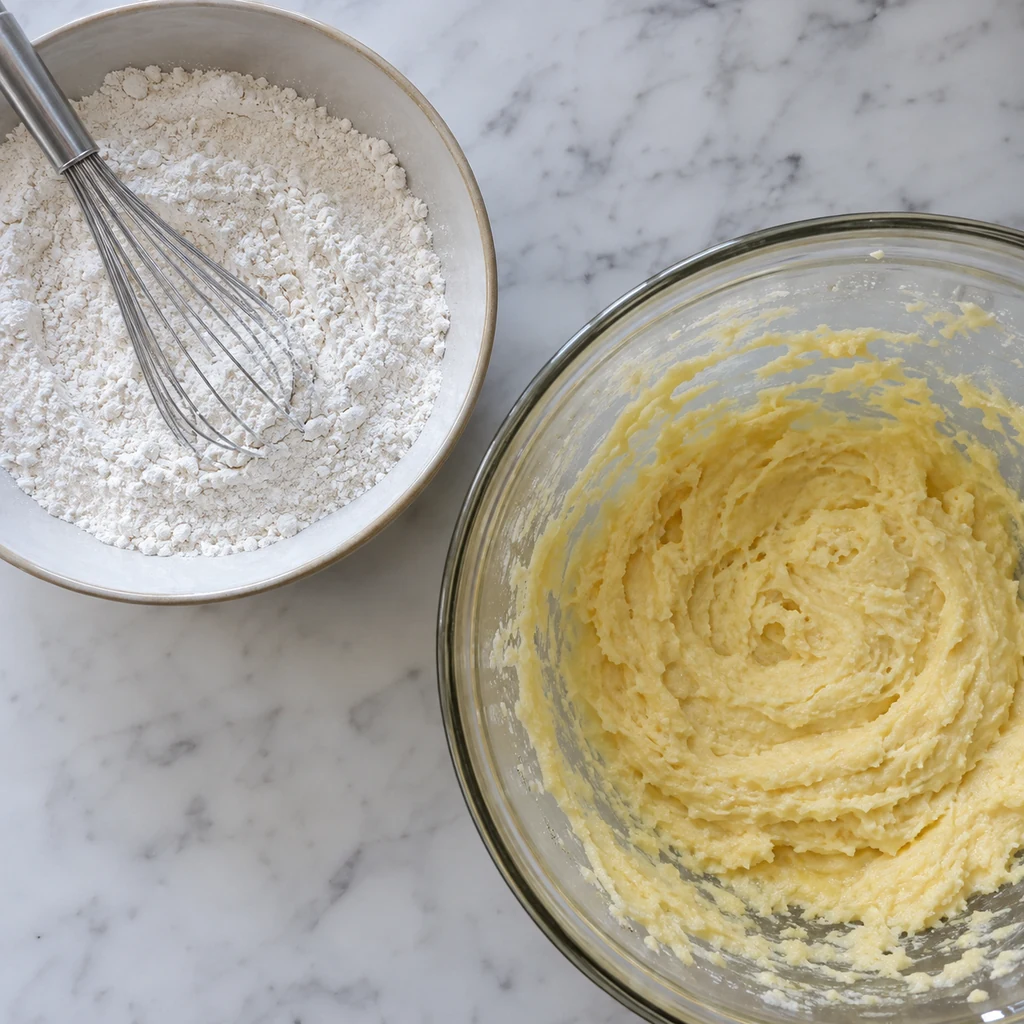 Flour, baking soda, and salt whisked beside the bowl of wet cookie mixture