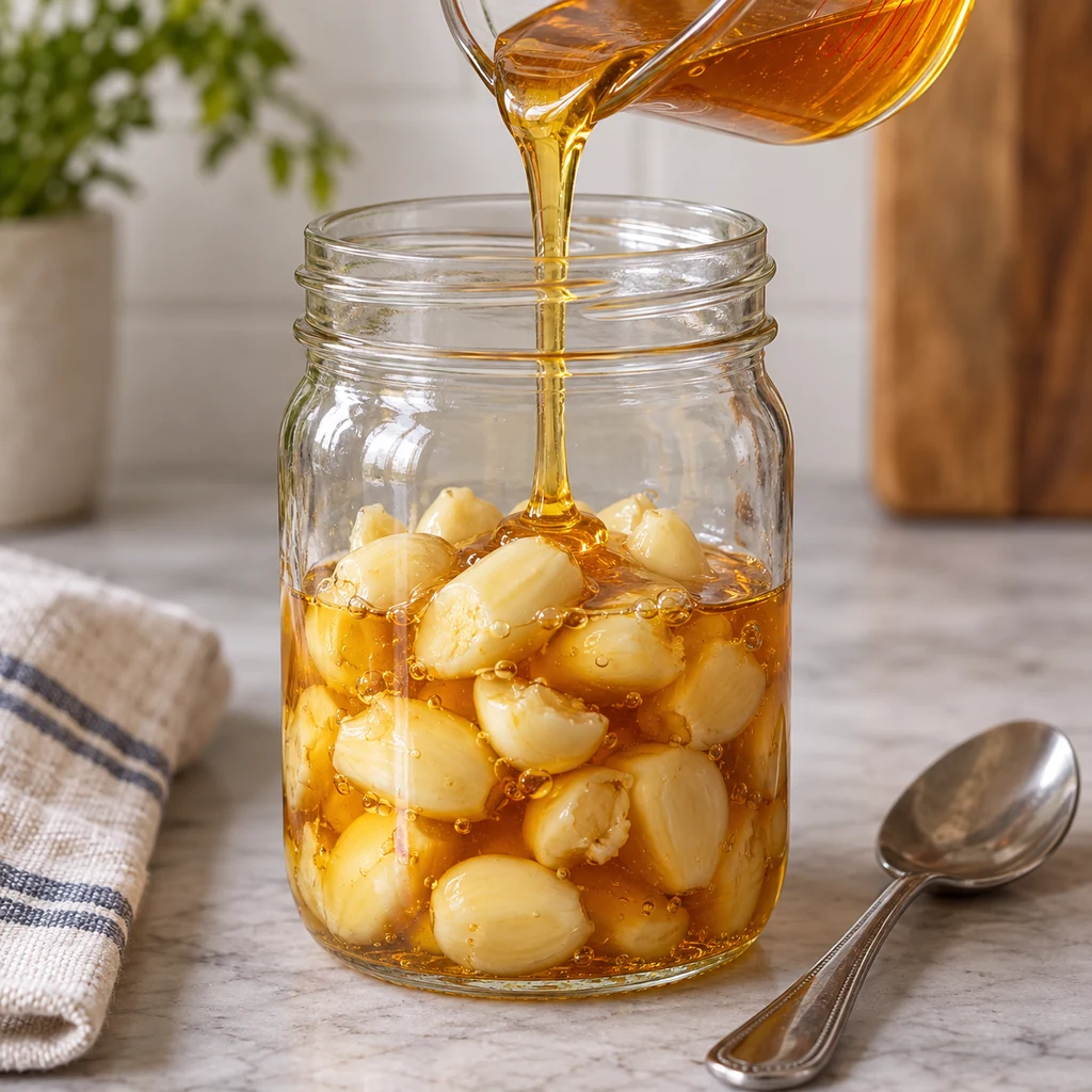Pure honey being poured over peeled garlic cloves in a clean glass jar with headspace
