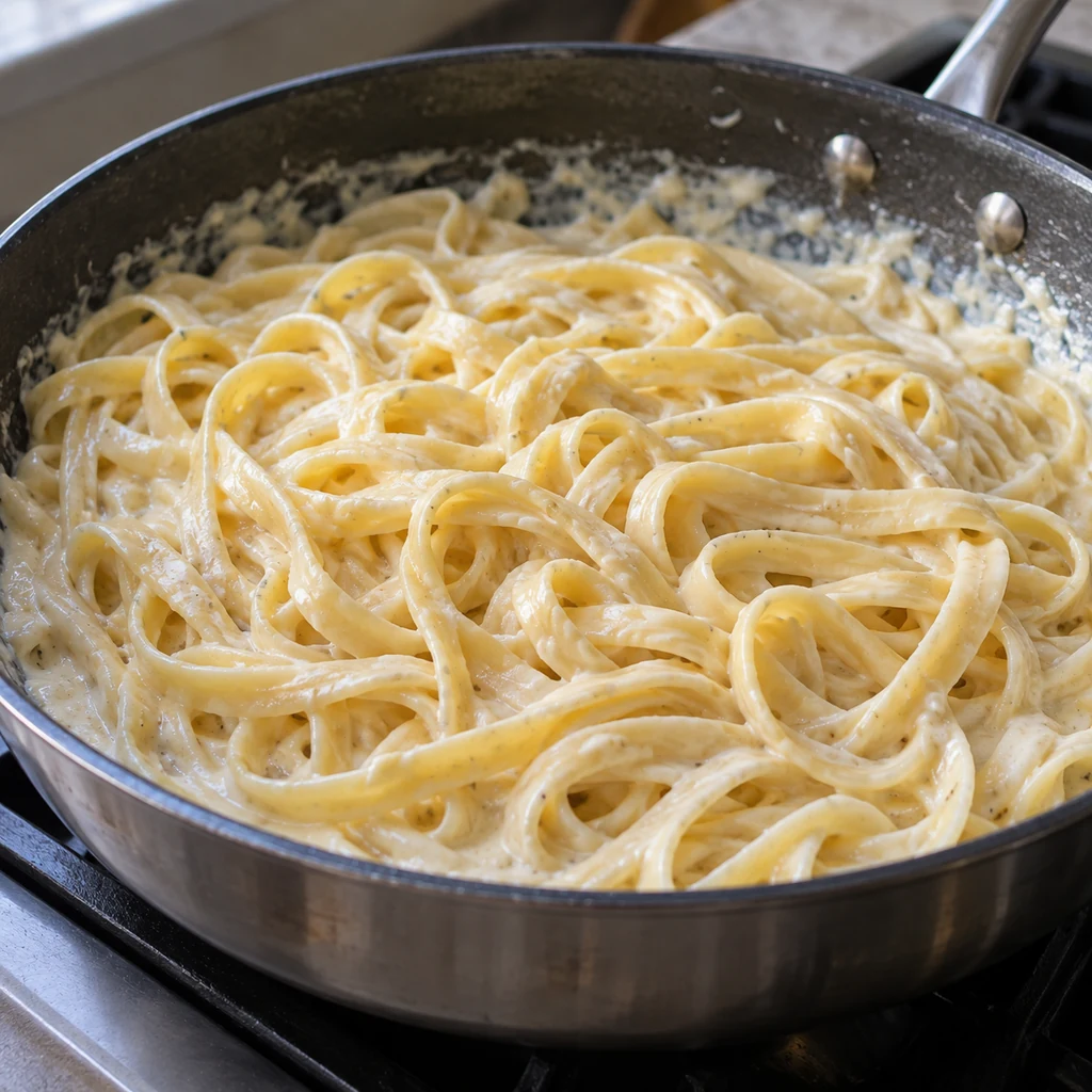 Cooked fettuccine coated with creamy garlic Parmesan sauce in a skillet