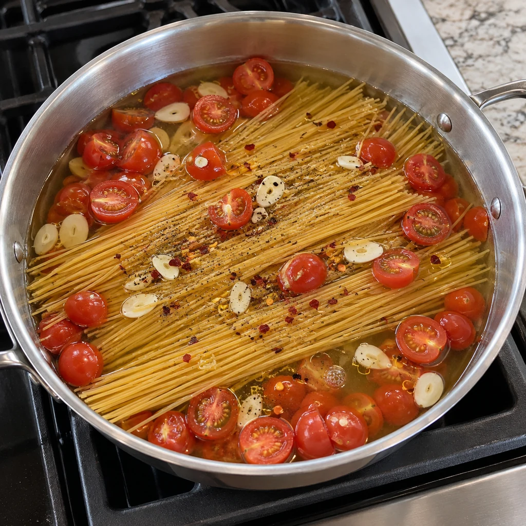 Dry spaghetti, cherry tomatoes, garlic, seasonings, and broth combined in a wide pan