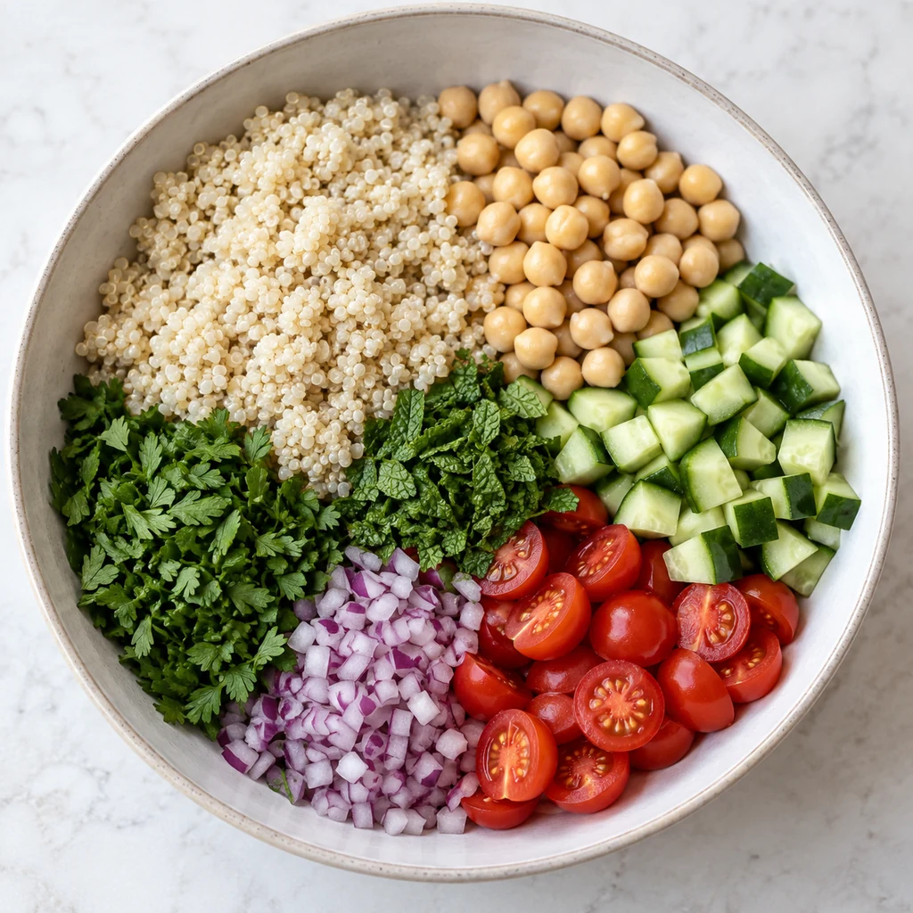 Cooled white quinoa, chickpeas, cucumber, tomatoes, red onion, parsley and mint in a large bowl