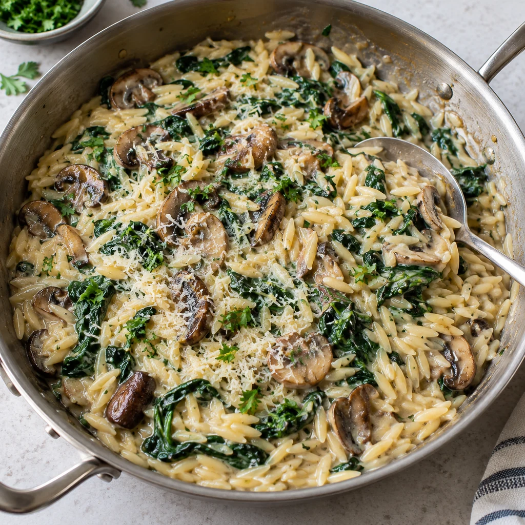 Finished creamy spinach and mushroom orzo with Parmesan and parsley in a skillet