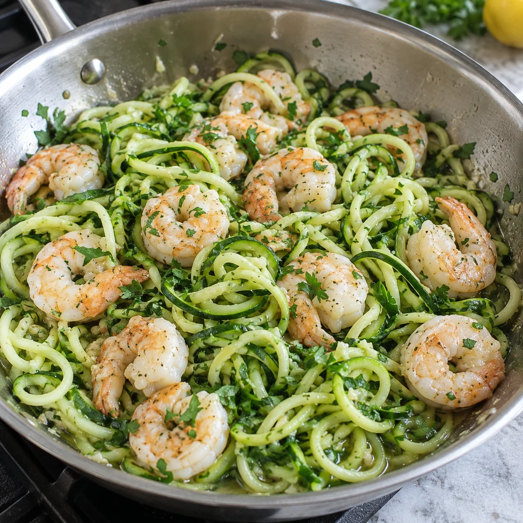 Cooked shrimp tossed with zucchini noodles, lemon, and parsley in a skillet