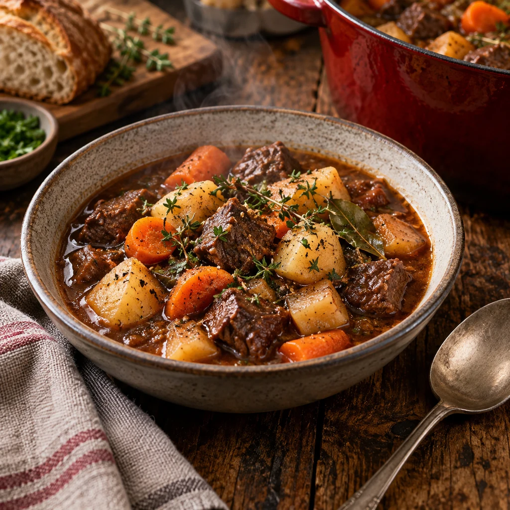 Beef stew with root vegetables in a warm bowl