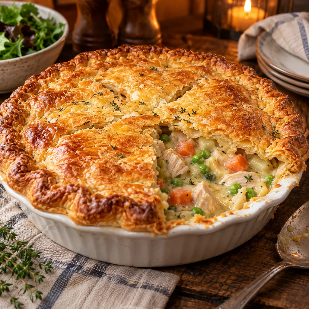 Classic chicken pot pie with flaky crust and creamy filling