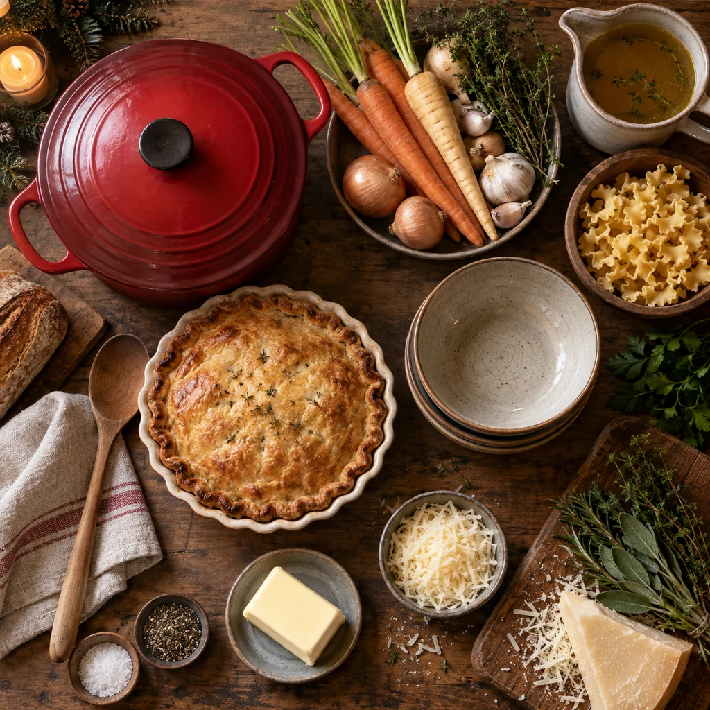 Winter comfort food cooking essentials arranged on a rustic table