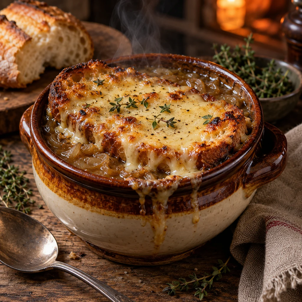 French onion soup with melted cheese and toasted bread