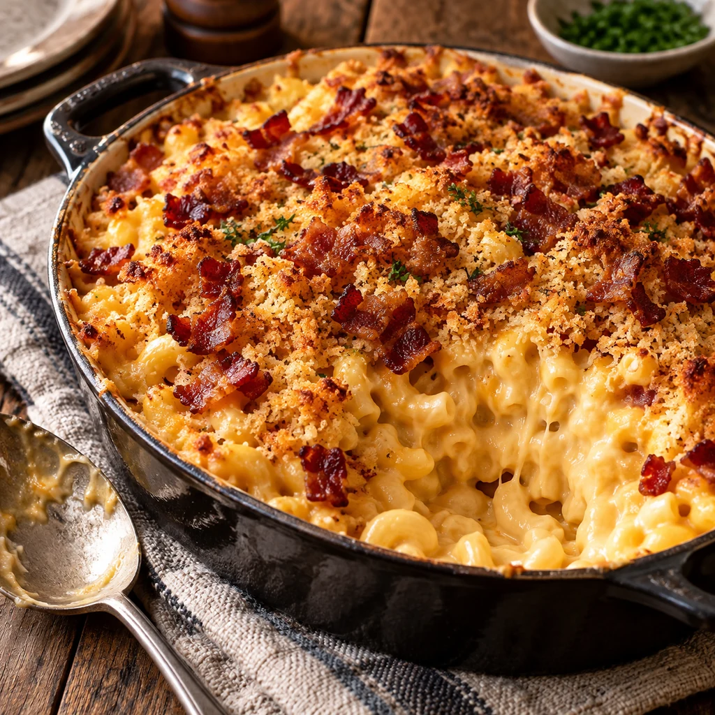 Macaroni and cheese with crispy bacon topping