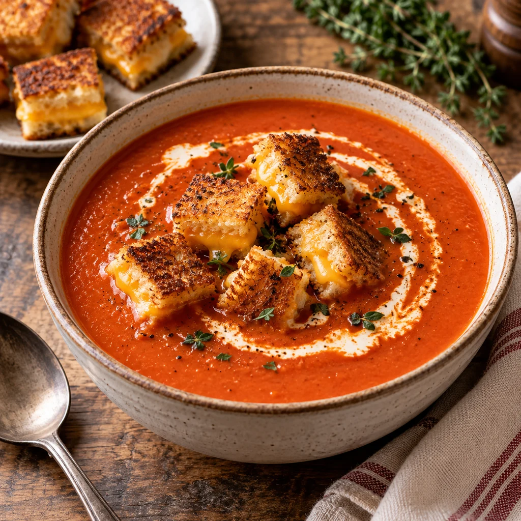 Creamy tomato soup topped with grilled cheese croutons