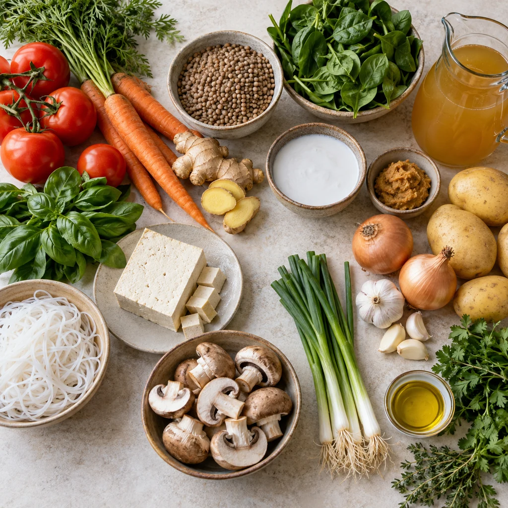 Tomatoes, carrots, lentils, spinach, potatoes, tofu, noodles, mushrooms, herbs, and soup pantry ingredients