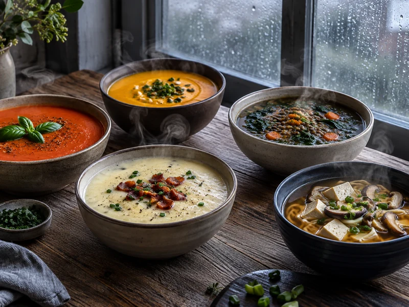Five comforting soups arranged beside a rain-speckled window.