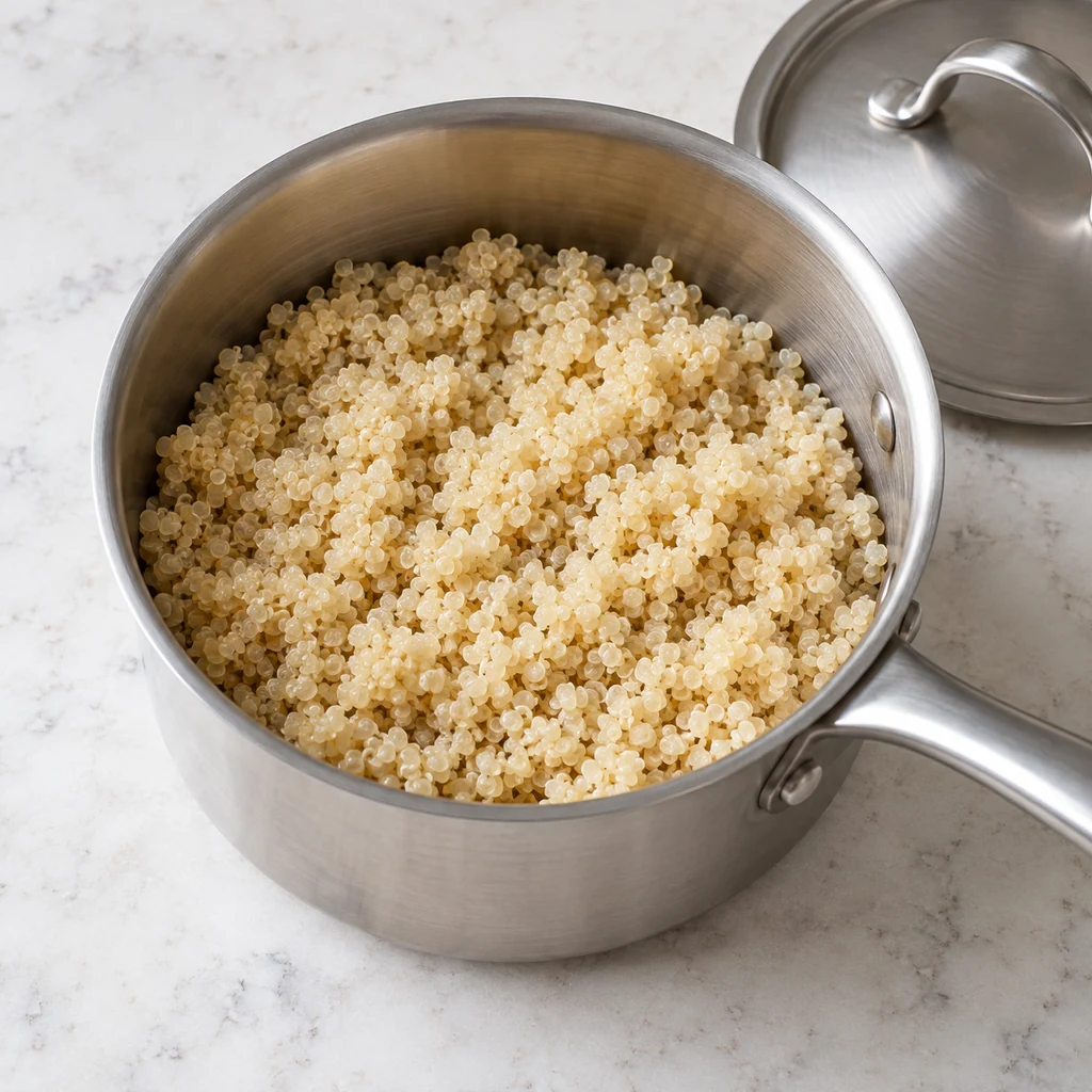 Freshly cooked fluffy white quinoa resting in a stainless steel saucepan