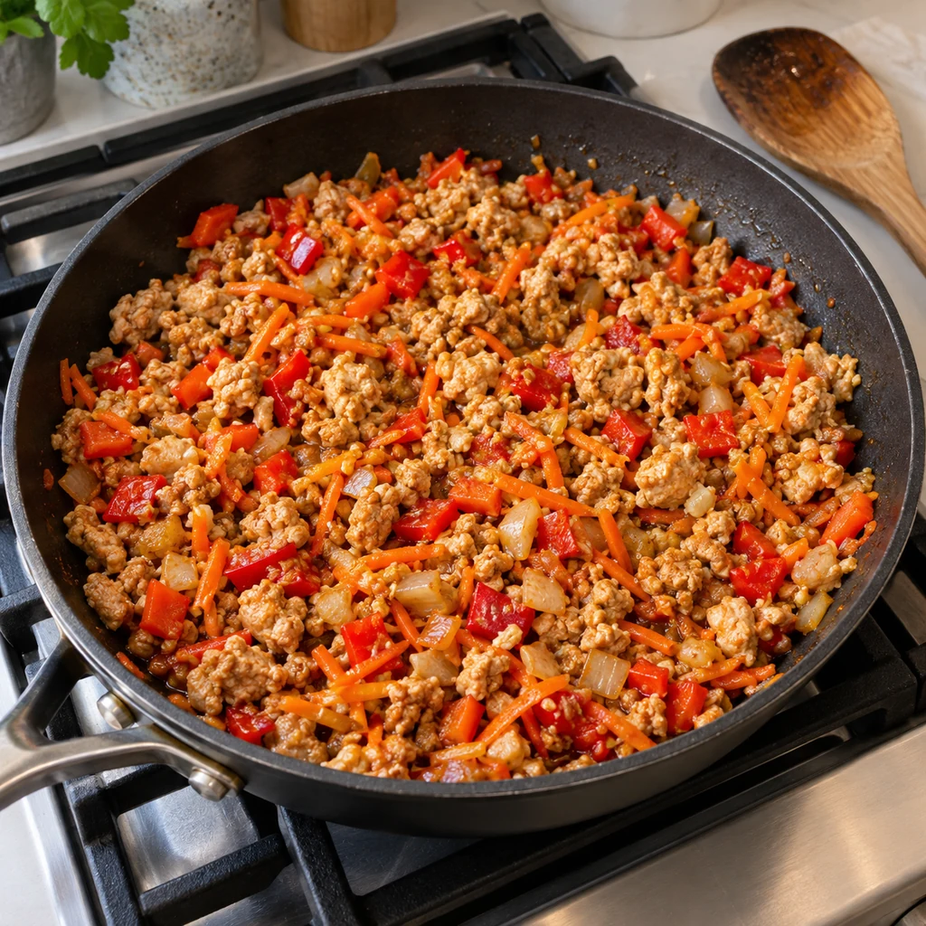 Cooked ground chicken with red bell pepper, carrot, onion, and soy sesame sauce