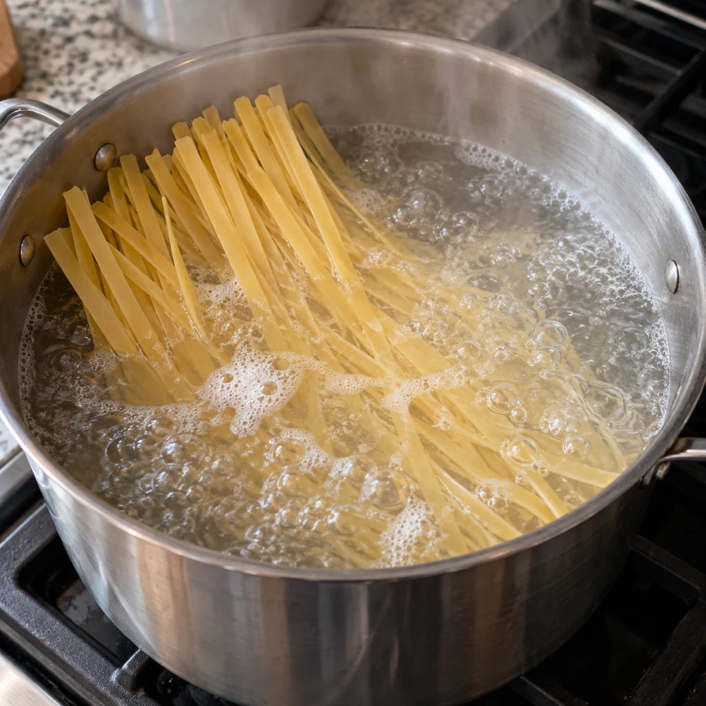Fettuccine cooking in a large pot of boiling water