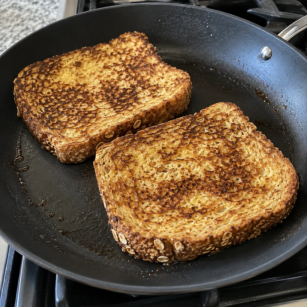 Two slices of whole grain French toast cooking until golden in a nonstick skillet