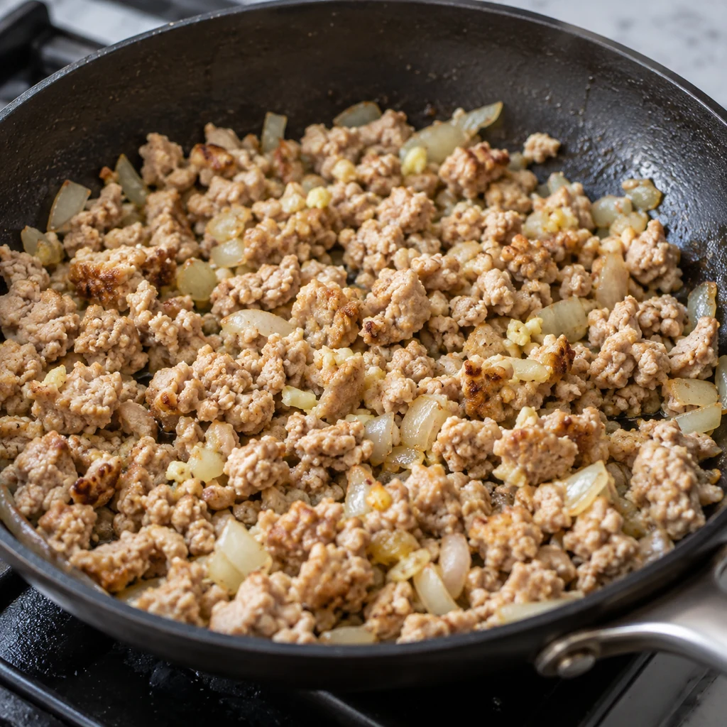 Ground chicken cooking with softened onion, ginger and garlic in a skillet