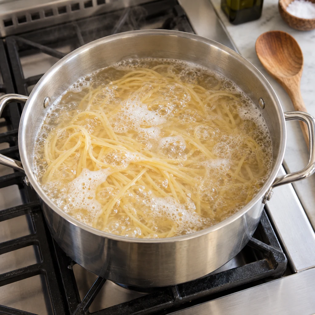 Linguine boiling in a stainless-steel pot of salted water
