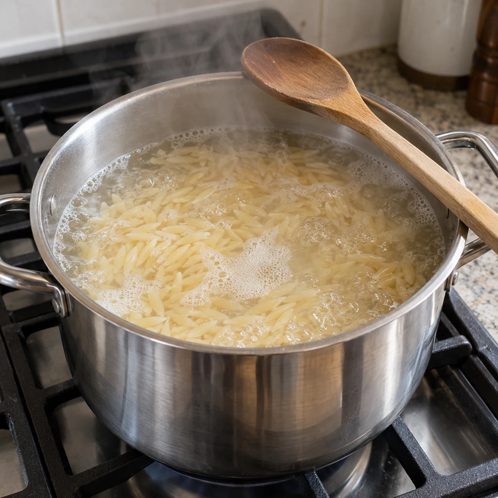 Rice-shaped orzo cooking in a pot of boiling water