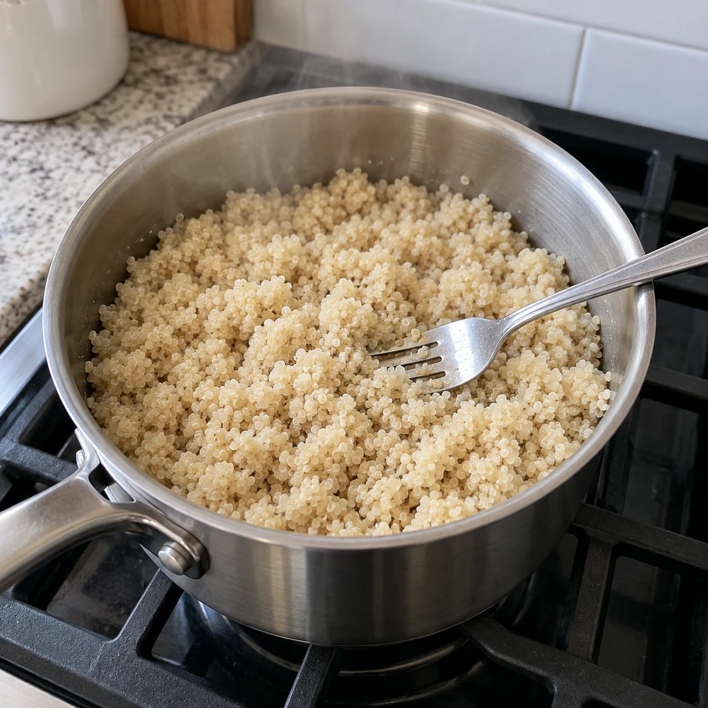 Fluffy cooked quinoa in a saucepan with a fork resting in the grains
