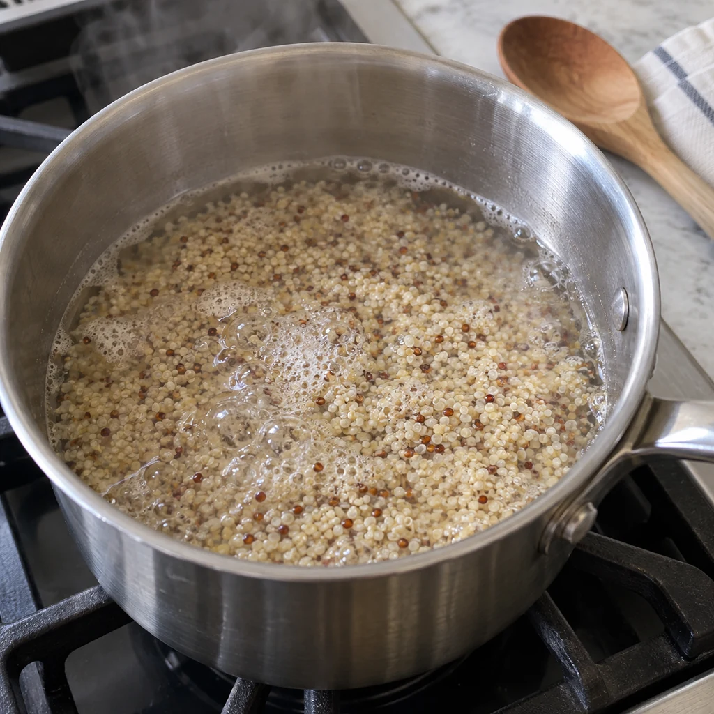 Rinsed quinoa simmering in a saucepan with water before being fluffed